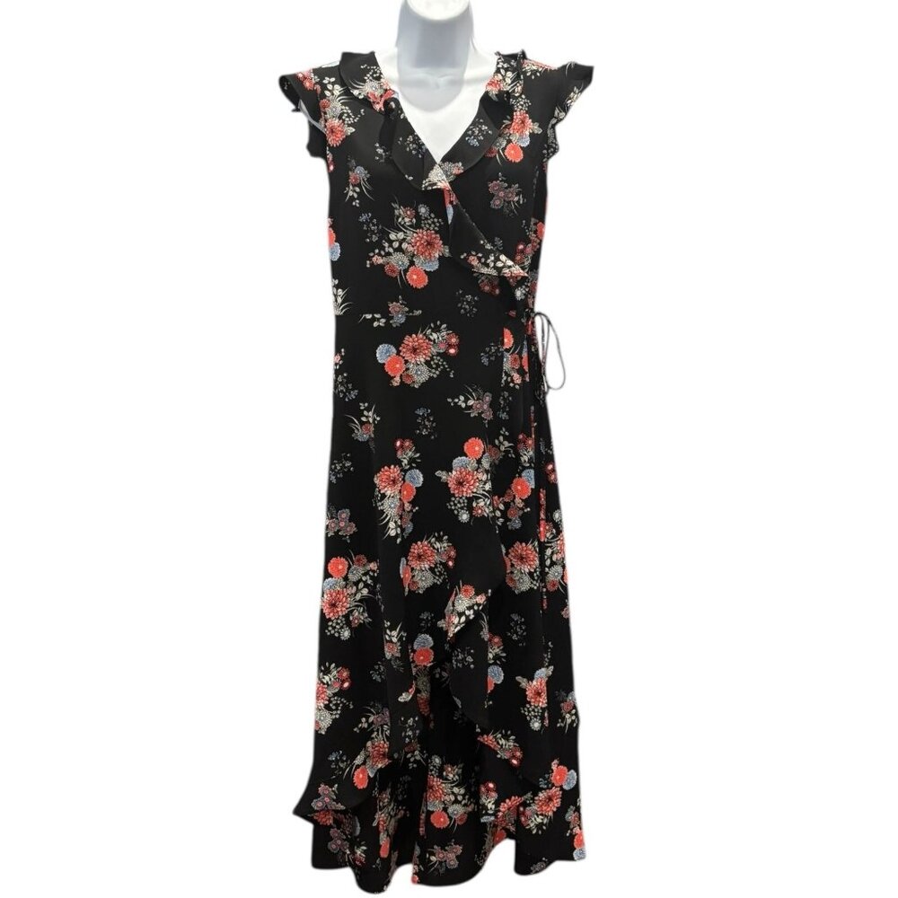 Magnolia Skye Black Floral Ruffle‎ Wrap Dress | Women’s Small